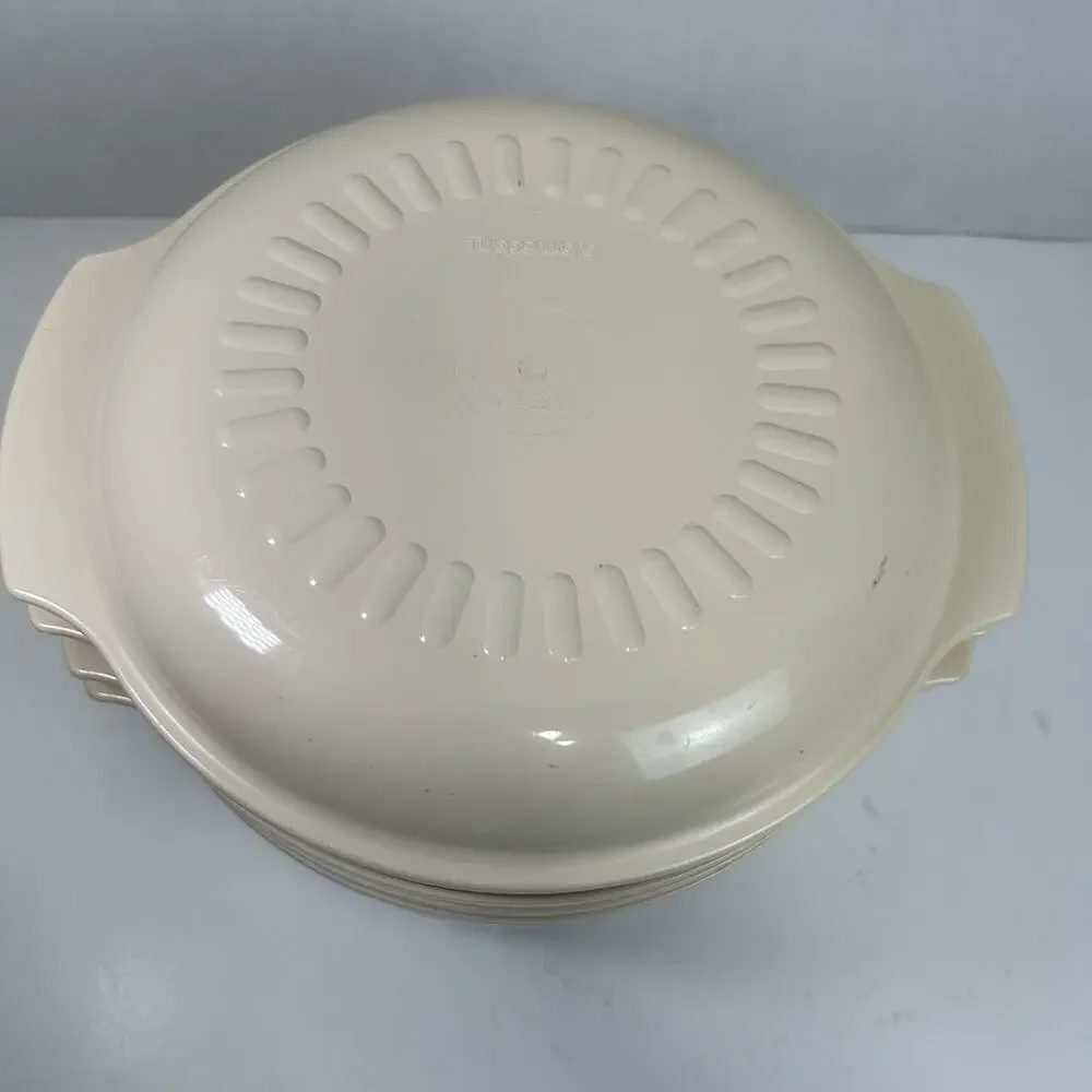 VTG TUPPERWARE 5pc Microwave Stack Cooker 3qt strainer lid almond bowl casserole